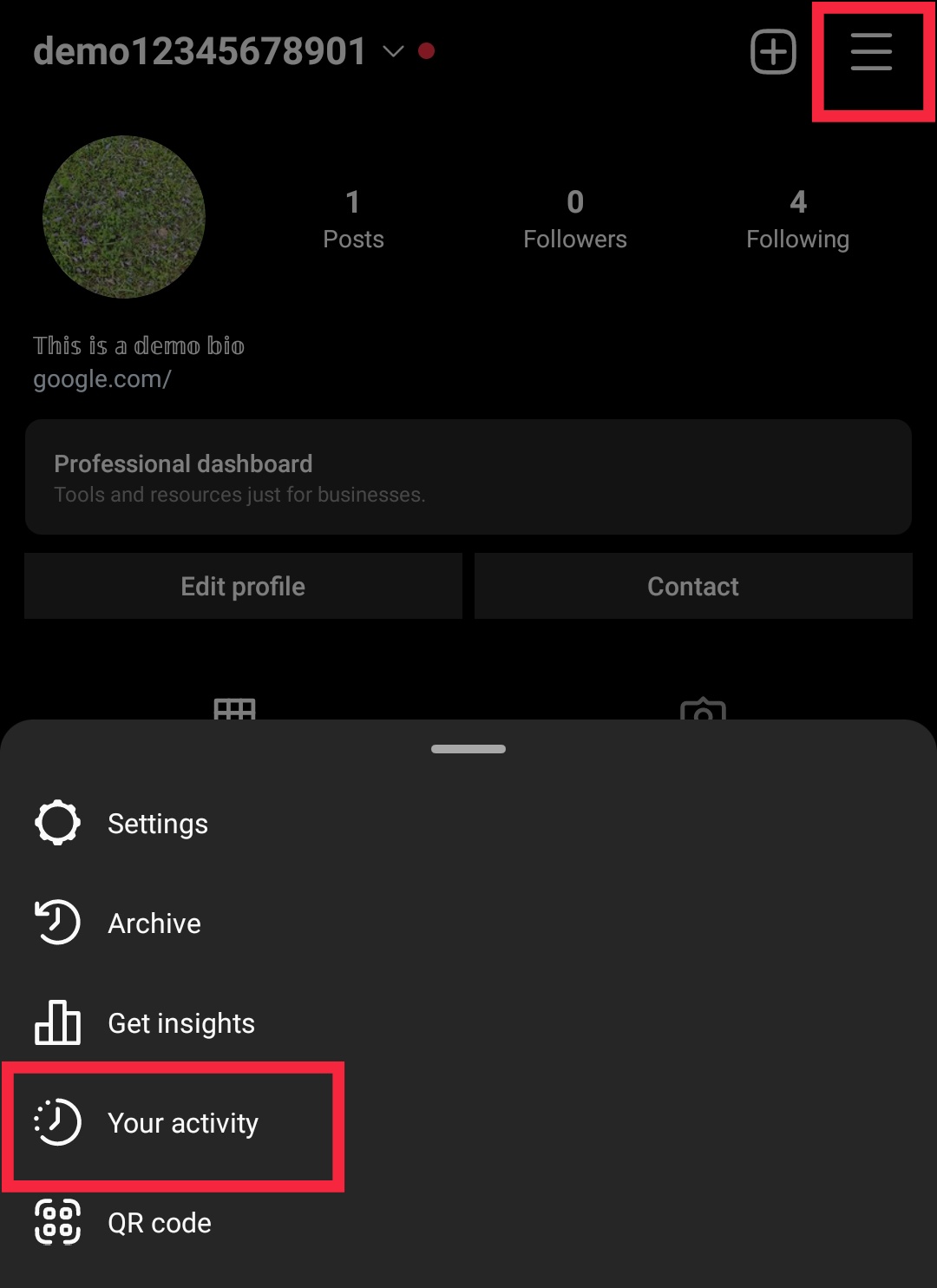 profile menu options - your activity